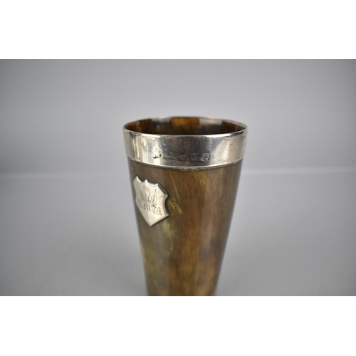 128 - A 19th Century Silver Mounted Horn Beaker with Shield Mounts, Having Crest 7 Inscription, 11.5cm Hig... 