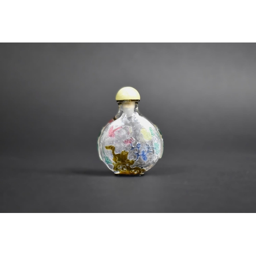 344 - A Chinese Six Colour Overlay Glass Snuff Bottle with Shallow Relief Decoration Incorporating Monkey,... 