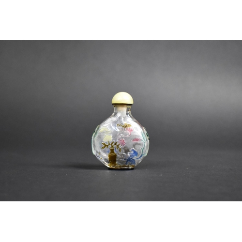 344 - A Chinese Six Colour Overlay Glass Snuff Bottle with Shallow Relief Decoration Incorporating Monkey,... 