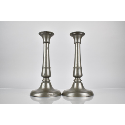 87 - A Pair Of Late 18th Century George III Pewter Candlesticks With Push-Up Ejectors. 23cm High