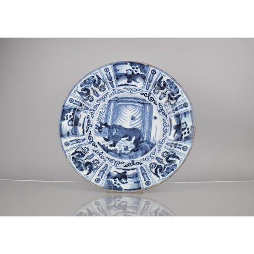 365 - An 18th Century Blue and White Delft Charger Decorated with Central Lion Within a Alternating Border... 