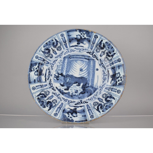 365 - An 18th Century Blue and White Delft Charger Decorated with Central Lion Within a Alternating Border... 