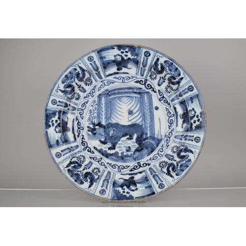 365 - An 18th Century Blue and White Delft Charger Decorated with Central Lion Within a Alternating Border... 