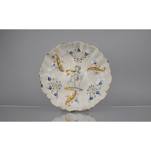 370 - An 18th Century Italian Glazed Majolica Footed Bowl of Lobed Form Decorated with Cherub within Scrol... 