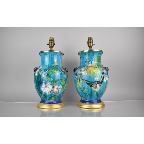 372 - A Pair of French Majolica Lamps of Baluster Form Decorated with Flowers, Birds and Butterflies on Bl... 