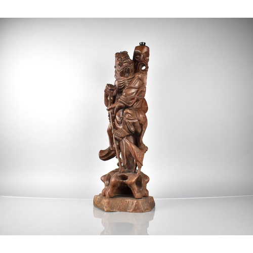 321 - A Large Chinese Figural Root Carved Table Lamp Base in the Form of Elder with Staff and Bird at His ... 