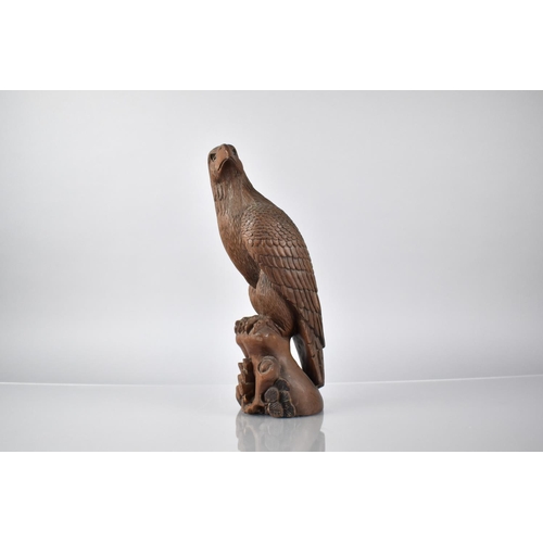 318 - A Late 19th/Early 20th Century Carved Wooden Japanese Study of an Eagle Perched On a Rock with Glass... 