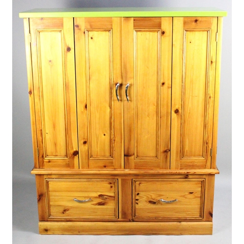 402 - A Modern Pine Kitchen Cabinet with Hinged Doors to Shelved Interior, Two Deep Doors to Base, Green M... 