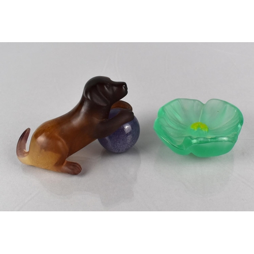 392 - A Daum Glass Pate De Verre Study of a Puppy together with a Daum Glass Pate De Verre Flower