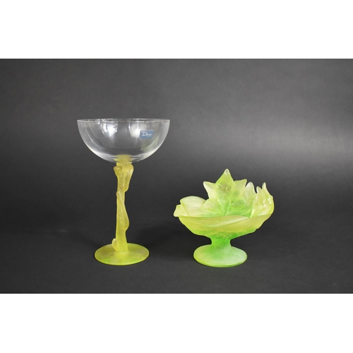 391 - A French Daum De Pate De Verre Green Glass Pedestal Bowl of Shape Floral Form, 11cms High, 13.5cms D... 