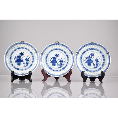 310 - Three Chinese Porcelain Blue & White Dishes Decorated with Central Bird Amongst Reeds with Bat, Spec... 