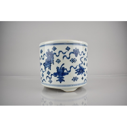 303 - A Chinese Porcelain Blue and White Planter on Short Tripod Supports Decorated with Precious Objects,... 