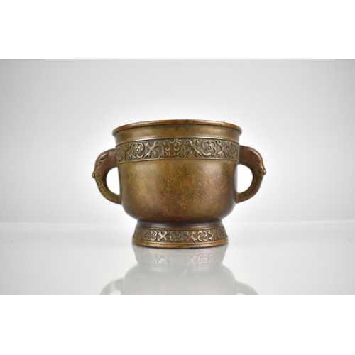 352 - A Chinese Ming Style Bronze Censer with Twin Zoomorphic Handles & Floral Band Decoration, Impressed ... 