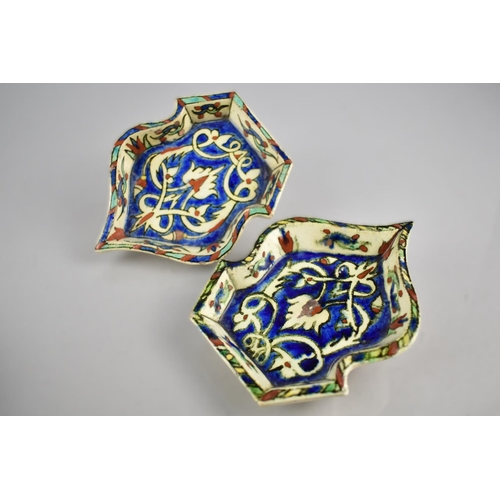 360 - A Pair of Iznik Pottery Dishes of Arched Ogee Form Decorated in Usual Coloured Glazes, 12.5cm High