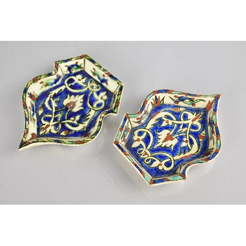 360 - A Pair of Iznik Pottery Dishes of Arched Ogee Form Decorated in Usual Coloured Glazes, 12.5cm High