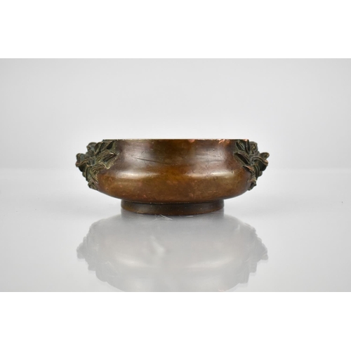 351 - A Small Chinese Bronze Censer with Lion Mask Handles Impressed Character Mark to Base, 10cm Wide