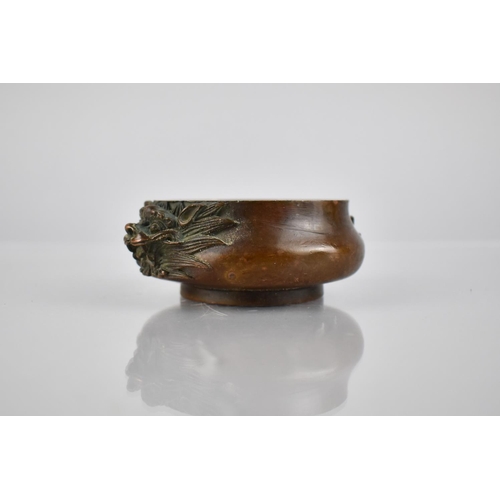 351 - A Small Chinese Bronze Censer with Lion Mask Handles Impressed Character Mark to Base, 10cm Wide