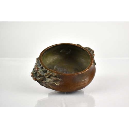 351 - A Small Chinese Bronze Censer with Lion Mask Handles Impressed Character Mark to Base, 10cm Wide