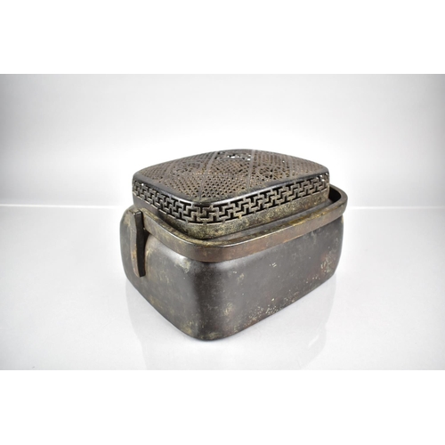 355 - A Large Qing Dynasty Chinese Bronze Warmer with Swing Handle to Rectangular Shouldered Base, The Pie... 