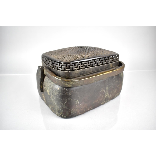 355 - A Large Qing Dynasty Chinese Bronze Warmer with Swing Handle to Rectangular Shouldered Base, The Pie... 