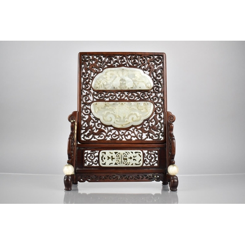 335 - An 18th/19th Century Qing Period Jade Mounted Hardwood Table Screen with Foliate Pierced Decoration,... 