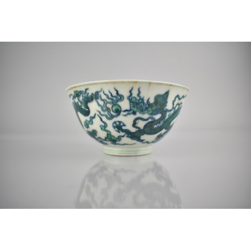 270 - A Chinese Porcelain Underglaze-Blue & Green Decorated Bowl with Dragons Chasing Flaming Pearl, Six C... 