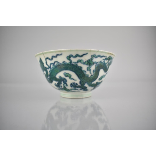 270 - A Chinese Porcelain Underglaze-Blue & Green Decorated Bowl with Dragons Chasing Flaming Pearl, Six C... 