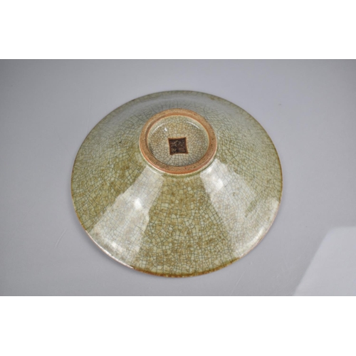 212 - A Chinese Crackle Glazed Celadon Bowl, Oxidised, Four Character Mark to Base, 28cm Diameter