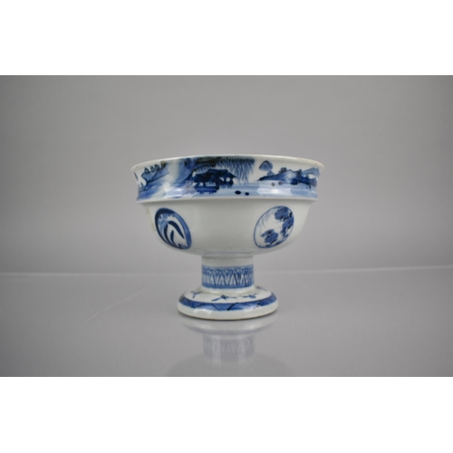 313 - A Japanese Porcelain Blue and White Pedestal Bowl with Cartouche Panel Design Featuring Birds, Folia... 