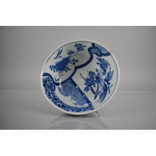 313 - A Japanese Porcelain Blue and White Pedestal Bowl with Cartouche Panel Design Featuring Birds, Folia... 