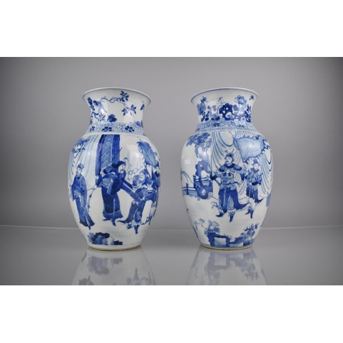 296 - A Pair of 19th Century Qing Period Chinese Porcelain Blue and White Vases of Baluster Form Decorated... 