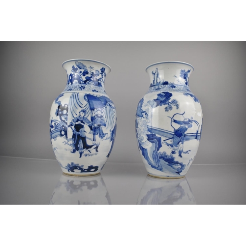 296 - A Pair of 19th Century Qing Period Chinese Porcelain Blue and White Vases of Baluster Form Decorated... 