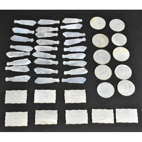 331 - A Collection of Chinese Mother of Pearl Gaming Counters to Comprise 26 Fish (5cms) 8 Rectangles (4cm... 