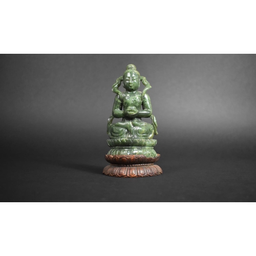 339 - A Chinese Spinach Green Jade Study of Buddha, Seated in Meditative Posture with Fitted Carved Wooden... 