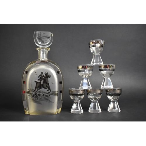 388 - An Art Deco Continental Decanter and 6 Tot Glass Set, The Decanter of Horseshoe Shape and Engraved w... 