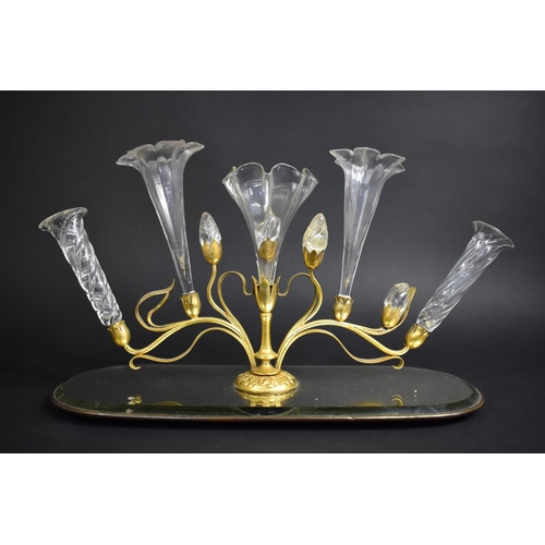 387 - A Late 19th Century Gilt metal Five Trumpet Epergne on Oval Mirrored Base, Art Nouveau Floral Design... 