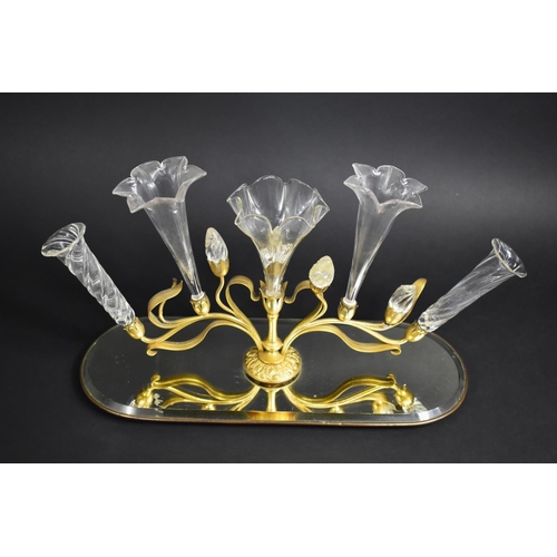 387 - A Late 19th Century Gilt metal Five Trumpet Epergne on Oval Mirrored Base, Art Nouveau Floral Design... 