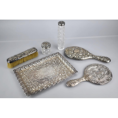 152 - A Collection of Silver Dressing Table Items To Comprise Tray with Repousse Decoration by Williams Bi... 