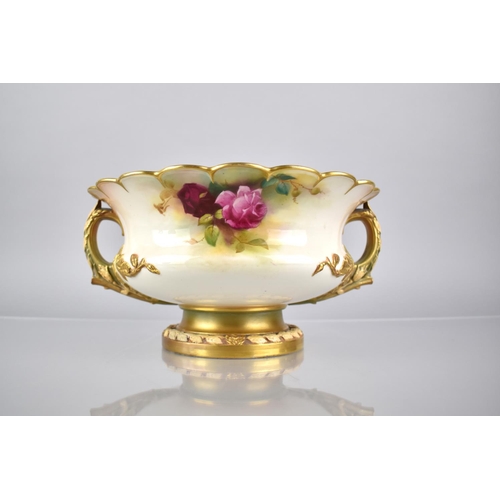 364 - A Royal Worcester Twin Handled Footed Bowl (Shaped 2344) with Hand Painted Rose Decoration Signed Au... 