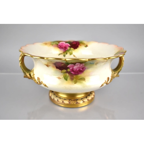 364 - A Royal Worcester Twin Handled Footed Bowl (Shaped 2344) with Hand Painted Rose Decoration Signed Au... 