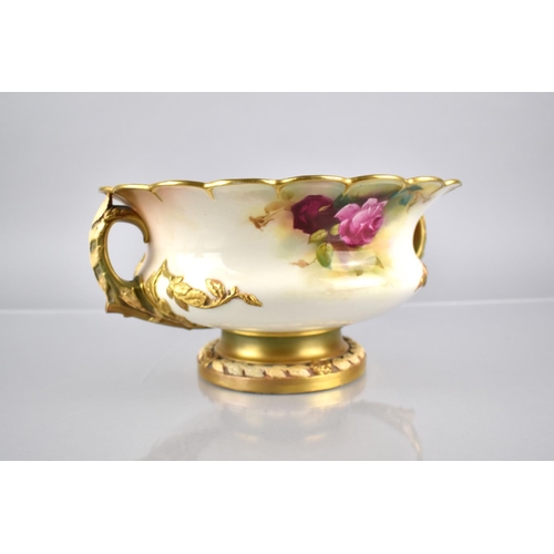 364 - A Royal Worcester Twin Handled Footed Bowl (Shaped 2344) with Hand Painted Rose Decoration Signed Au... 