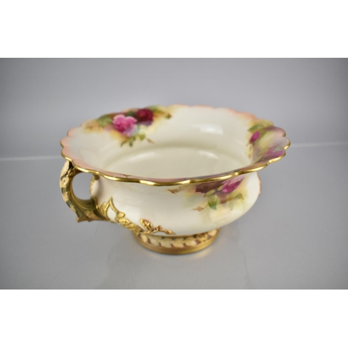 364 - A Royal Worcester Twin Handled Footed Bowl (Shaped 2344) with Hand Painted Rose Decoration Signed Au... 