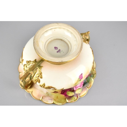 364 - A Royal Worcester Twin Handled Footed Bowl (Shaped 2344) with Hand Painted Rose Decoration Signed Au... 