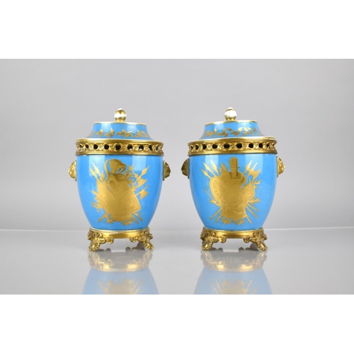 373 - A Pair of Continental Sevres Style Lidded Ice Buckets with Ormolu Mounts and Lion Mask Handles Each ... 