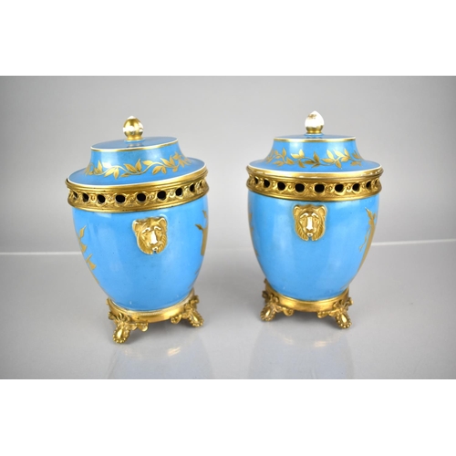 373 - A Pair of Continental Sevres Style Lidded Ice Buckets with Ormolu Mounts and Lion Mask Handles Each ... 