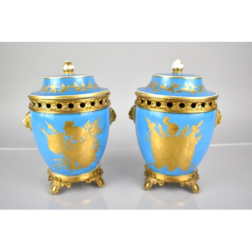 373 - A Pair of Continental Sevres Style Lidded Ice Buckets with Ormolu Mounts and Lion Mask Handles Each ... 