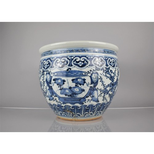 280 - An Early Chinese Porcelain Blue and White Fishbowl Planter Decorated In the Round with Servant Atten... 