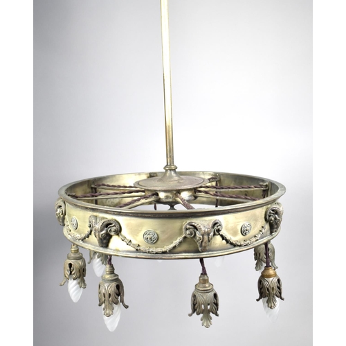 100 - A Circular French Ceiling Eight Branch Chandelier or Light Fitting with Rams Head Decoration, 49cm D... 