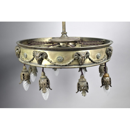 100 - A Circular French Ceiling Eight Branch Chandelier or Light Fitting with Rams Head Decoration, 49cm D... 