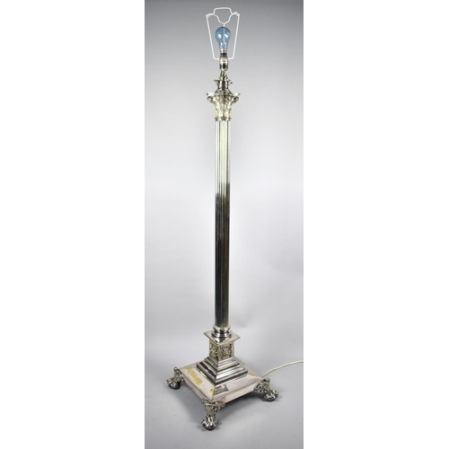 124 - A Very Good Quality and Heavy Silver Plated Standard Lamp with Reeded Corinthian Column on Stepped B... 